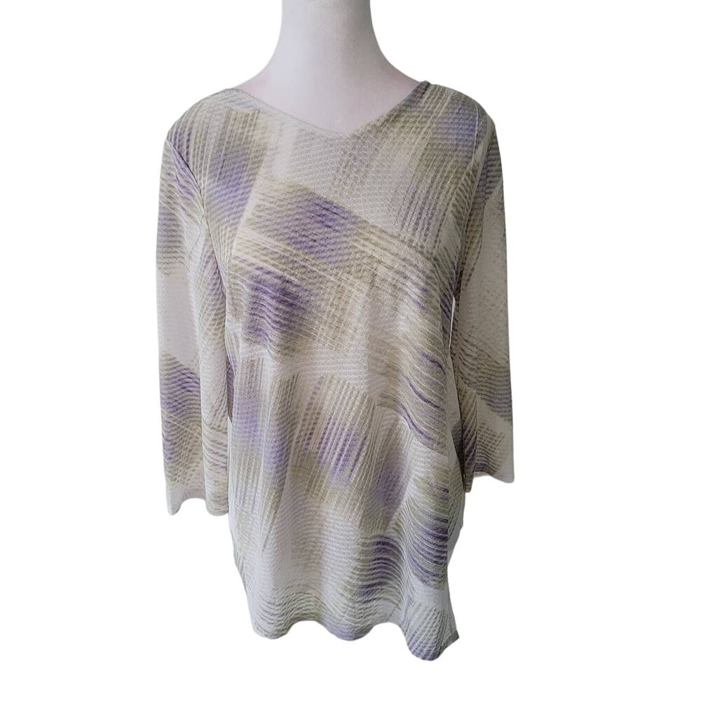 Chico's Size 0 US S Cool Plaid 3/4-Sleeve Top Front Double Layer Mature Modest